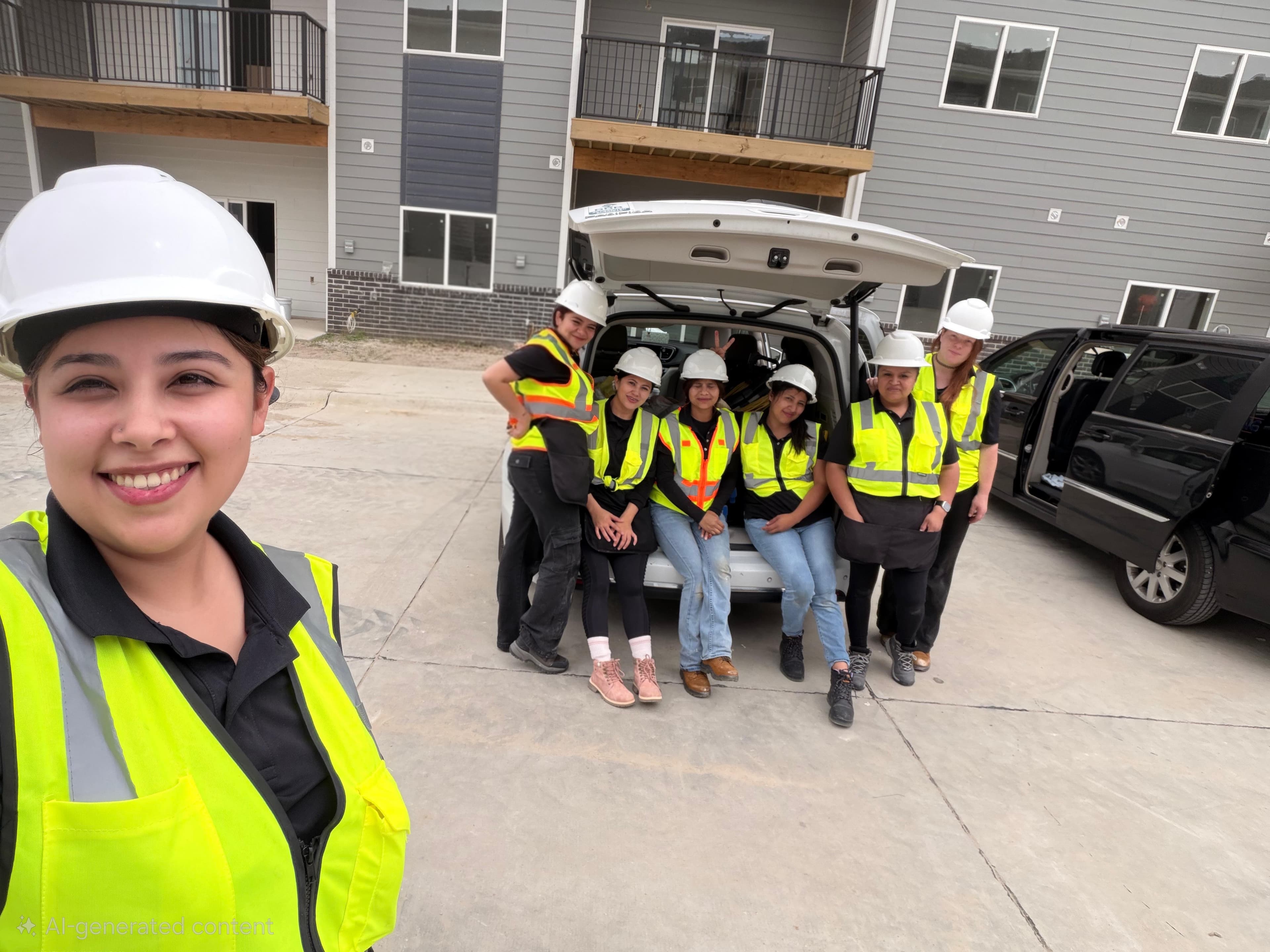 Equipo de RJ Cleaning con cascos y chalecos de seguridad en una limpieza de obra en el área de Omaha